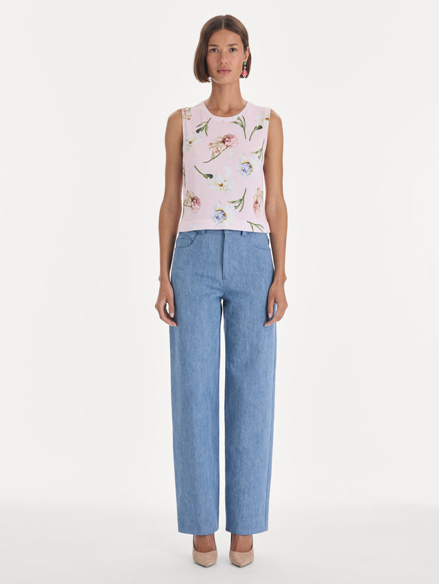 The model is wearing a printed twinset tank. Front view.