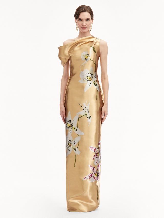 Orchid Gold Metal Organza Off-The-Shoulder Gown
Front View