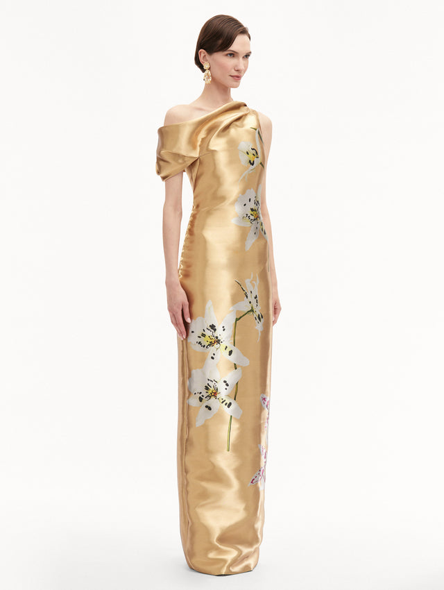Orchid Gold Metal Organza Off-The-Shoulder Gown
Side View