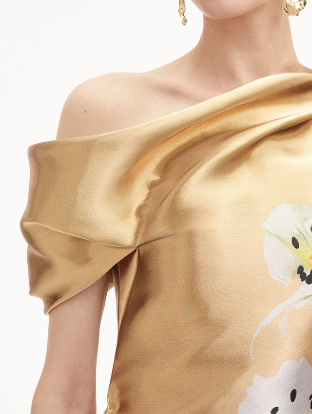 Orchid Gold Metal Organza Off-The-Shoulder Gown
Zoom View