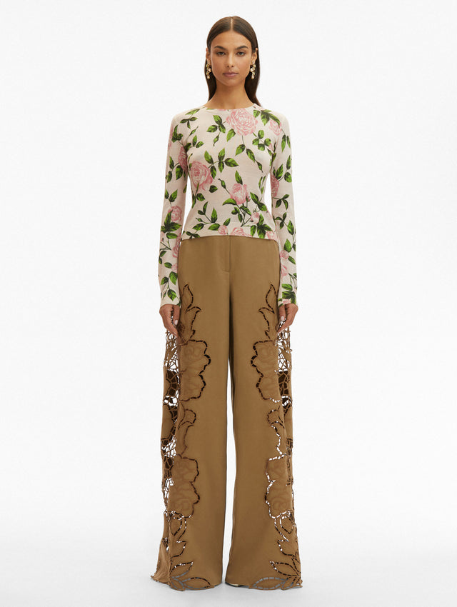 Light Pink English Rose Printed Pullover Paired with Light Brown Wide Leg Pants Front View