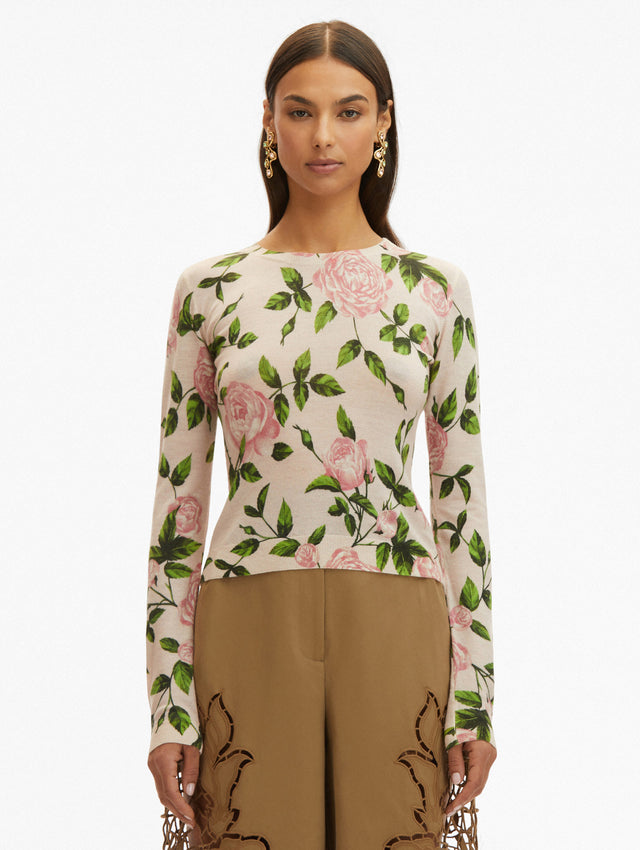 Light Pink English Rose Printed Pullover Paired with Light Brown Pants Front View