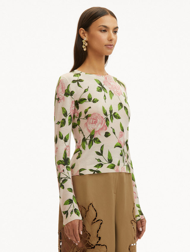 Light Pink English Rose Printed Pullover Paired with Light Brown Pants Side View