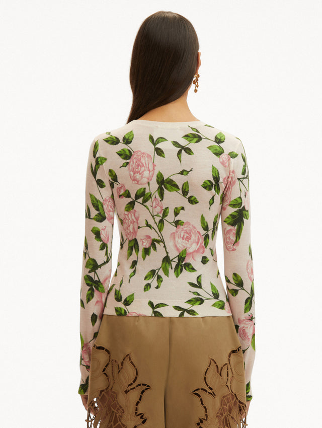 Light Pink English Rose Printed Pullover Paired with Light Brown Pants Back View