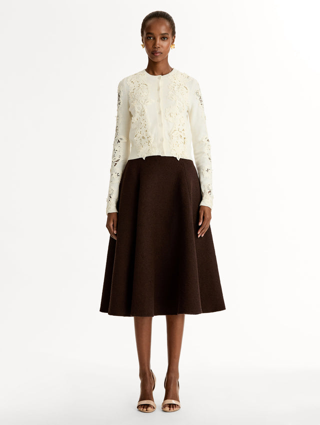 Ivory Long Sleeve Button Knit Cardigan, Knit. Porcelain flower guipure lace paneled front. Button-front. Front View. 