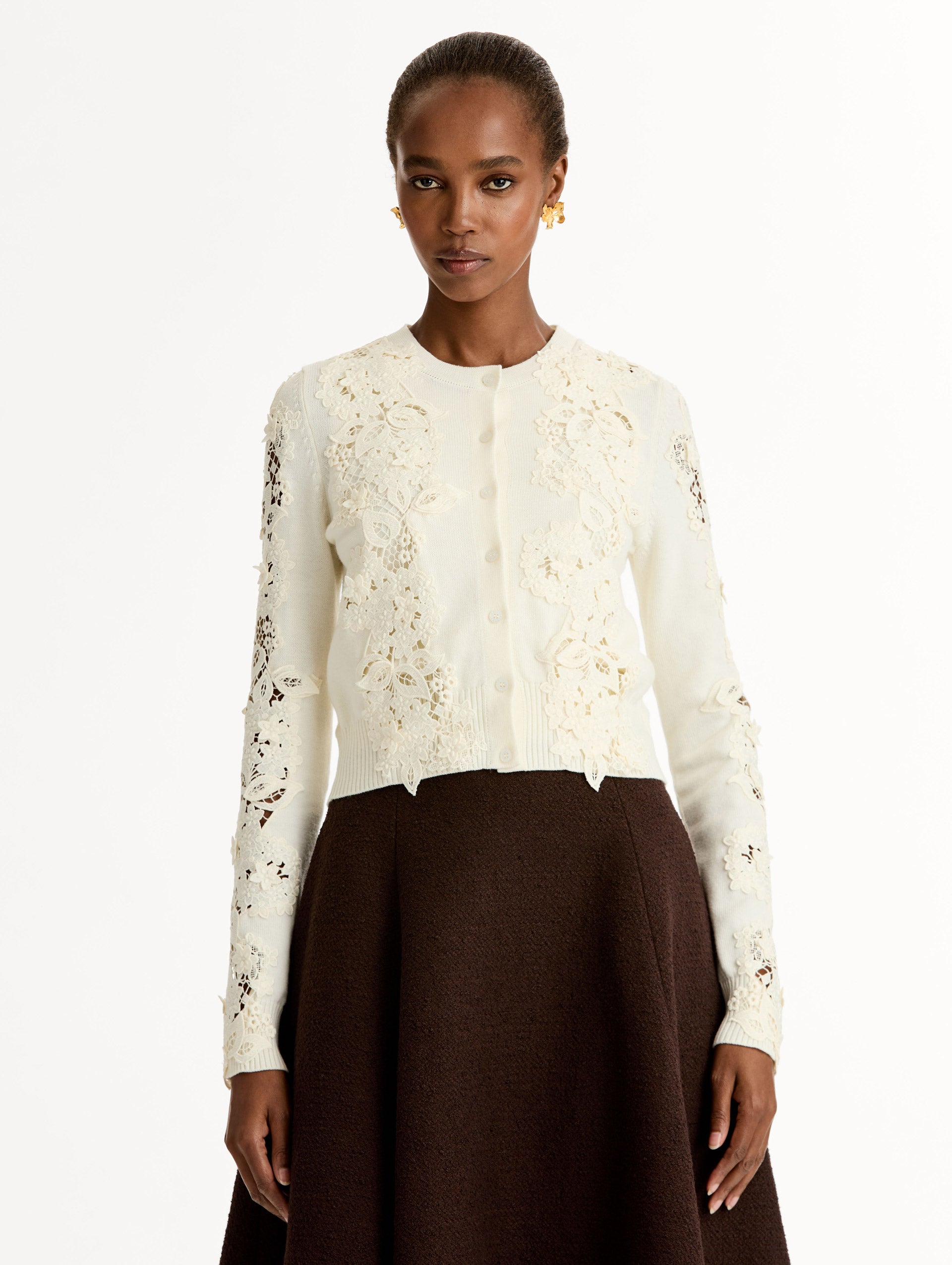 Ivory Long Sleeve Button Knit Cardigan, Knit. Porcelain flower guipure lace paneled front. Button-front. Front View. 