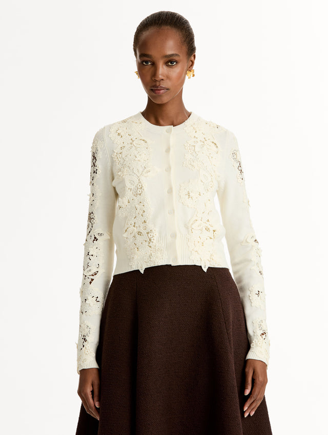 Ivory Long Sleeve Button Knit Cardigan, Knit. Porcelain flower guipure lace paneled front. Button-front. Front View. 