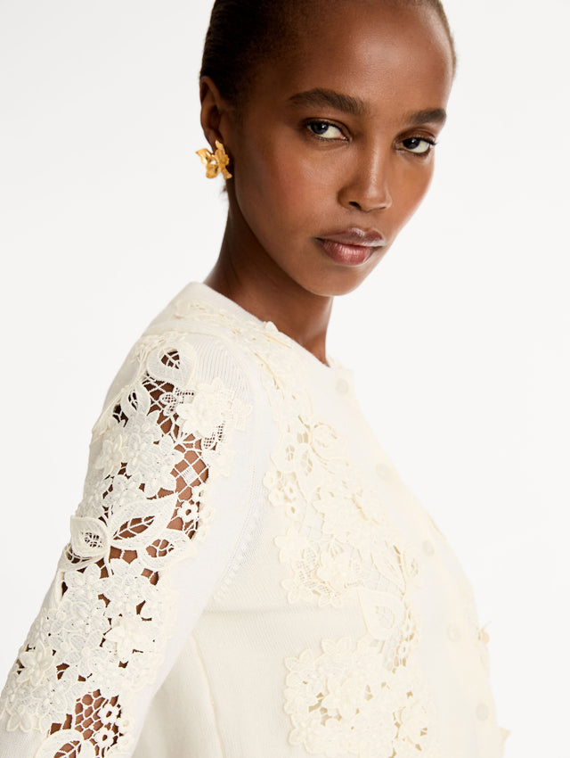 Ivory Long Sleeve Button Knit Cardigan, Knit. Porcelain flower guipure lace paneled front. Button-front. Side View. 