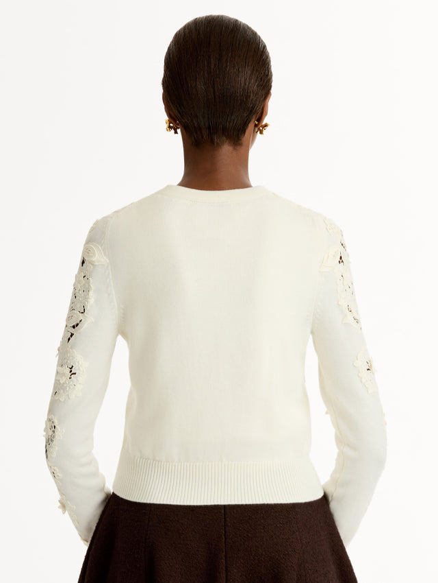 Ivory Long Sleeve Button Knit Cardigan, Knit. Porcelain flower guipure lace paneled front. Button-front. Back View. 