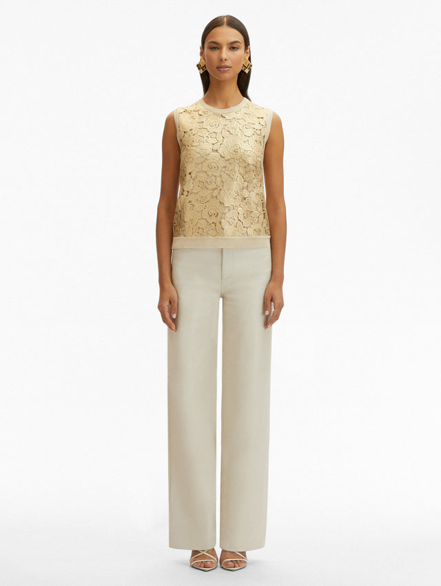 Gold Foil English Rose Inset Tank Paired with White Jeans Front View