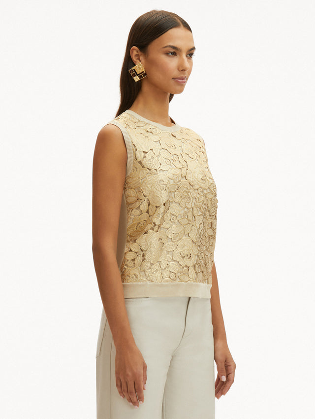 Gold Foil English Rose Inset Tank Paired with White Jeans Side View