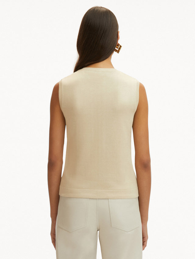 Gold Foil English Rose Inset Tank Paired with White Jeans Back View