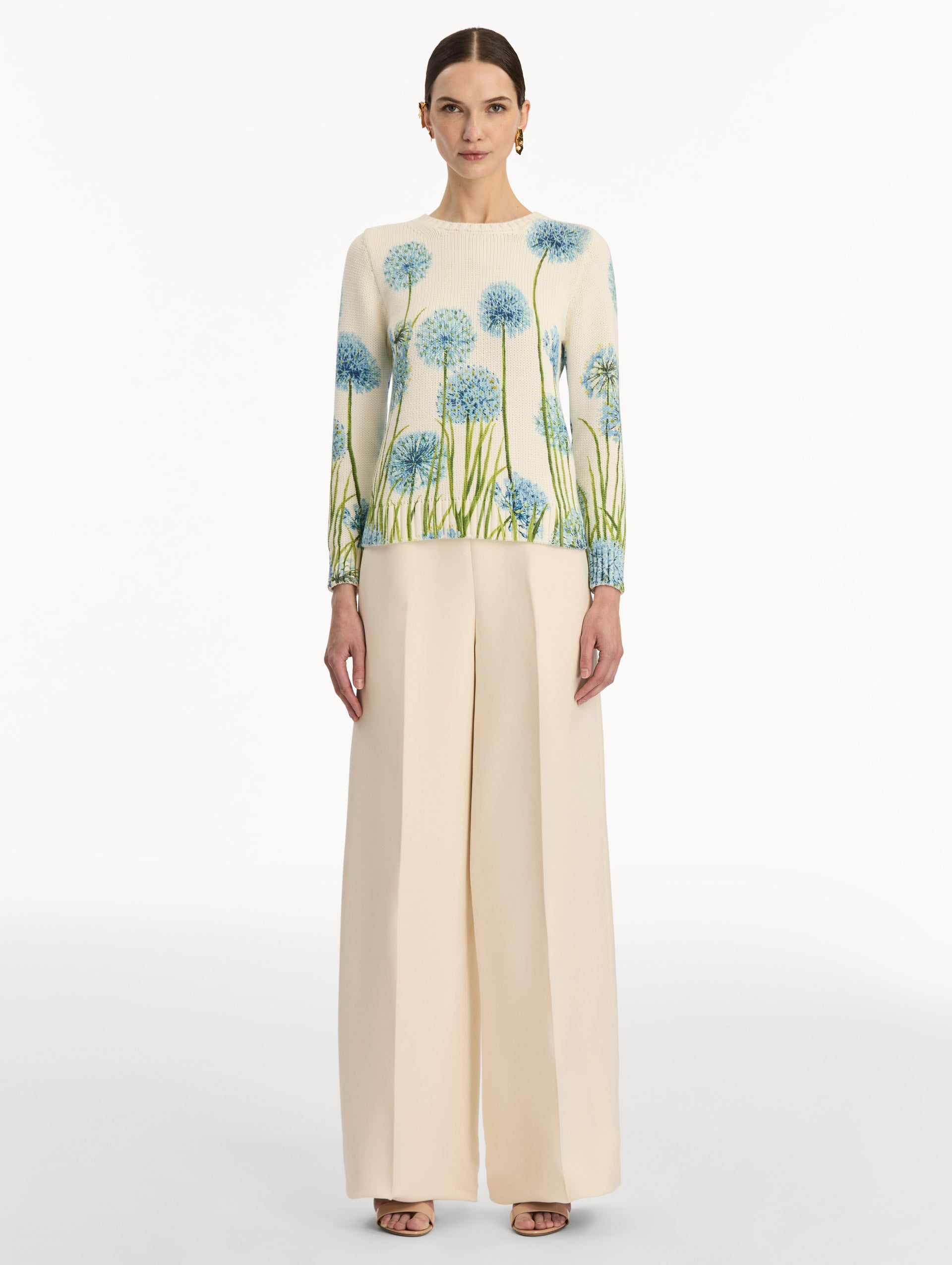 Ivory Allium Printed Pullover with crew neck silhouette and blue and green floral motifs. Front View.
