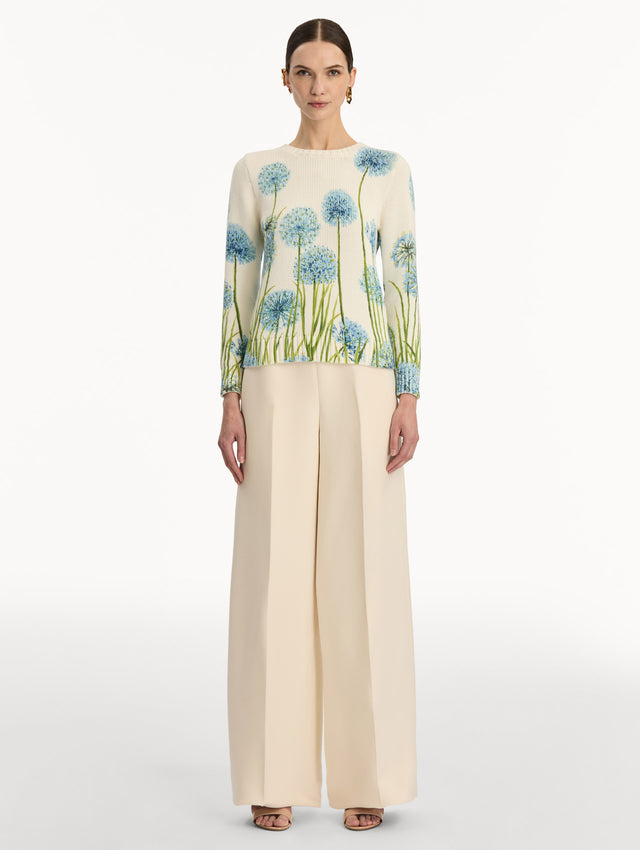 Ivory Allium Printed Pullover with crew neck silhouette and blue and green floral motifs. Front View.