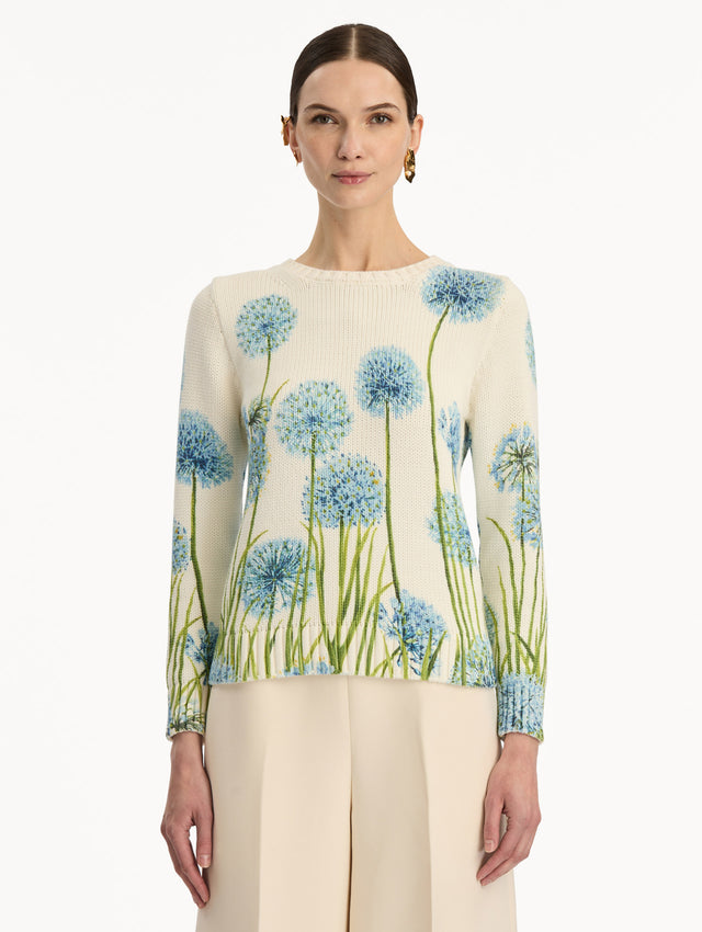 Ivory Allium Printed Pullover with crew neck silhouette and blue and green floral motifs. Front View.