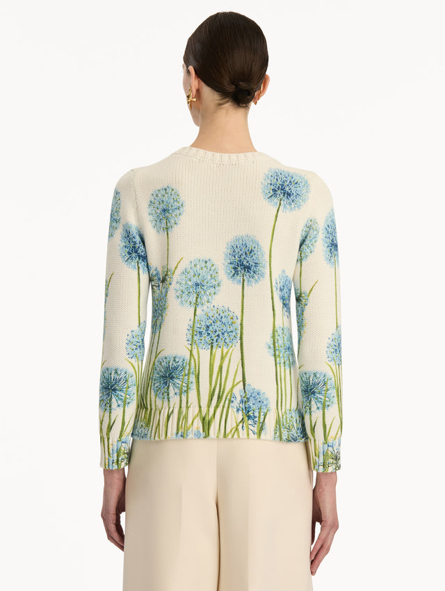 Ivory Allium Printed Pullover with crew neck silhouette and blue and green floral motifs. Back View.