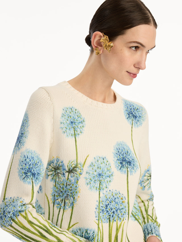 Ivory Allium Printed Pullover with crew neck silhouette and blue and green floral motifs. Zoom View.