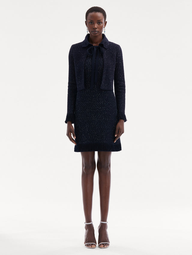 Navy Sequin Tweed Jacket Paired with Matching Dress Front View
