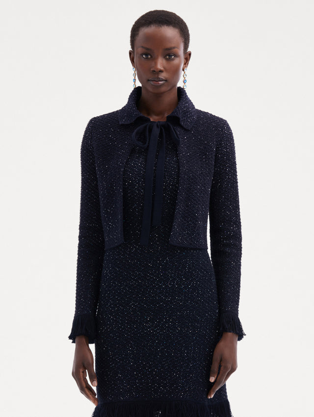 Navy Sequin Tweed Jacket Paired with Matching Dress Front View