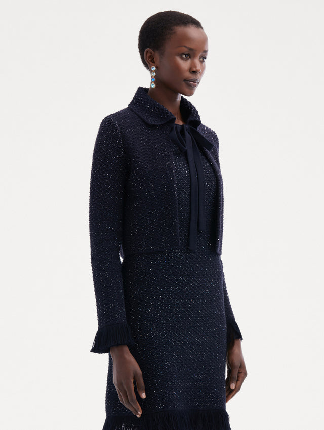 Navy Sequin Tweed Jacket Paired with Matching Dress Side View