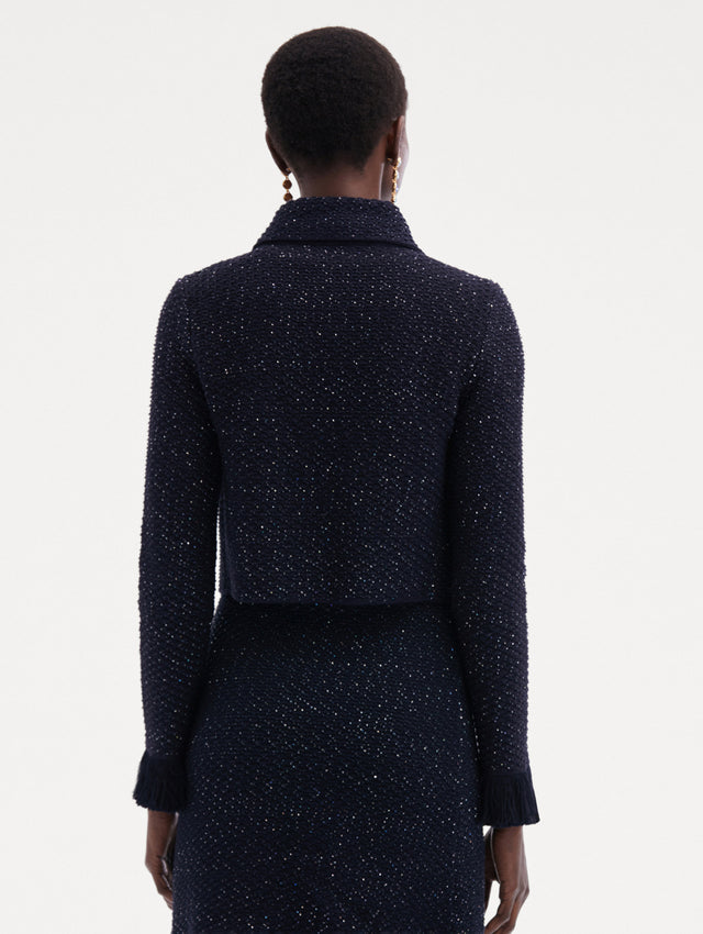 Navy Sequin Tweed Jacket Paired with Matching Pencil Skirt Back View