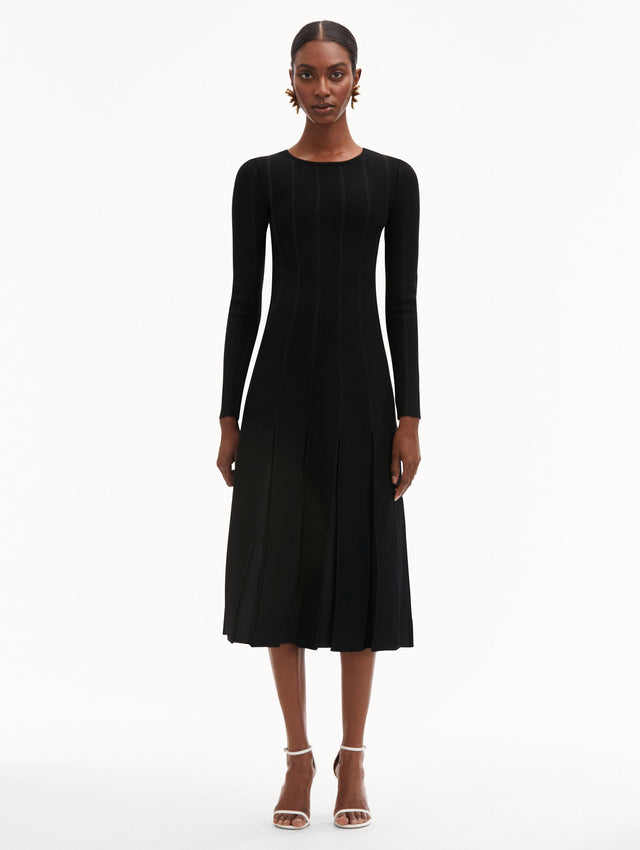 Black Pleated Inset Knit Long Sleeve Dress Front View