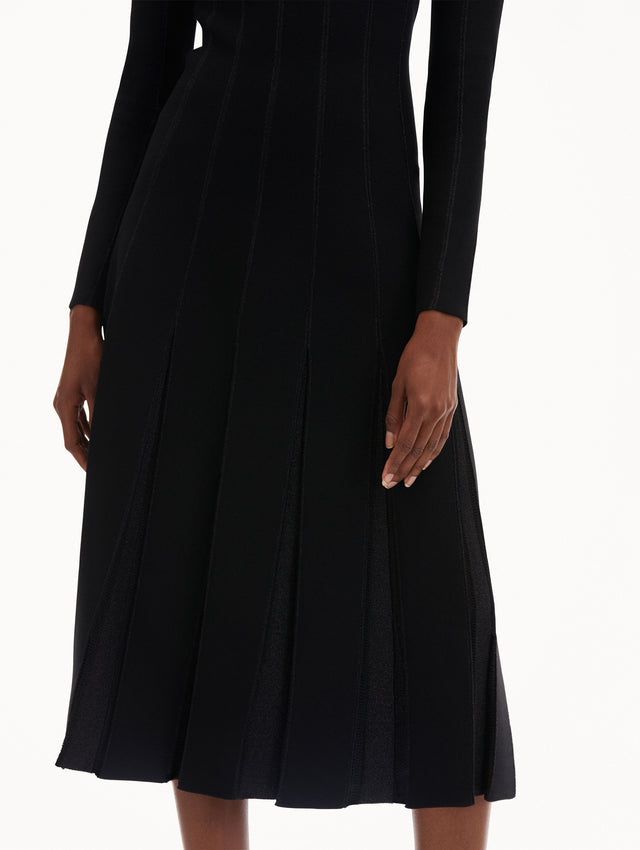 Black Pleated Inset Knit Long Sleeve Dress Zoom View