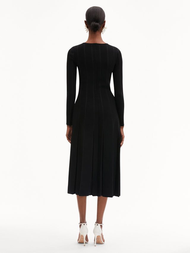 Black Pleated Inset Knit Long Sleeve Dress Back View