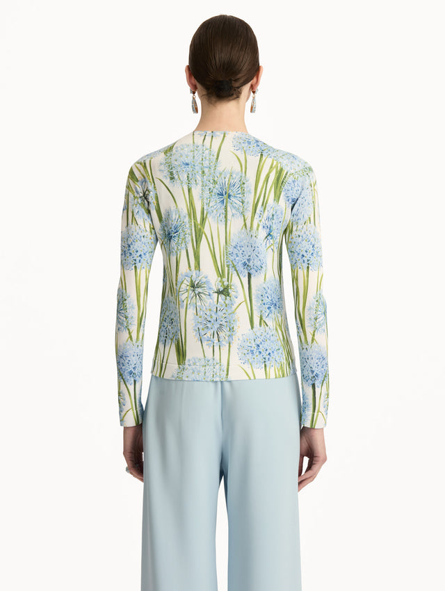 Ivory Allium Printed Cardigan with blue and green floral motifs. Back View.