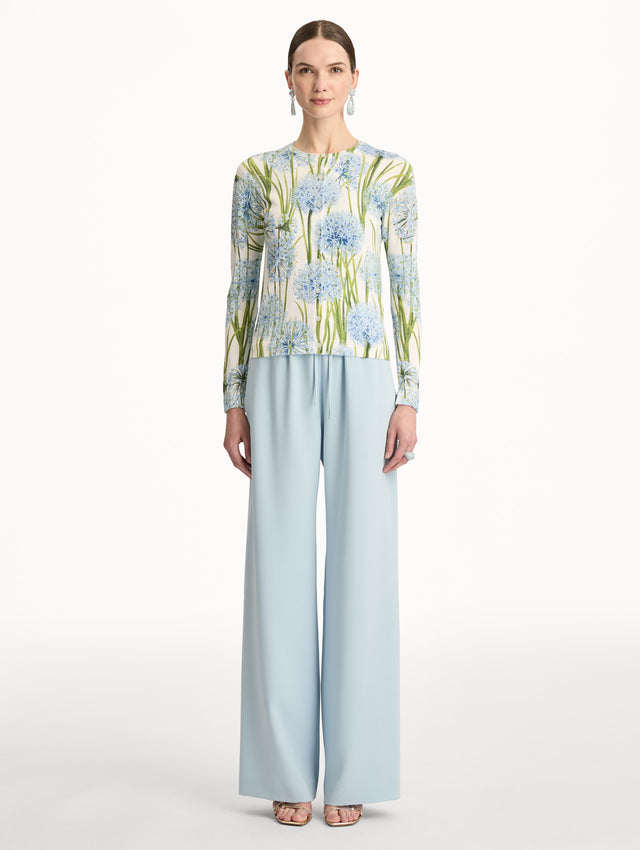 Ivory Allium Printed Cardigan with blue and green floral motifs. Front View.