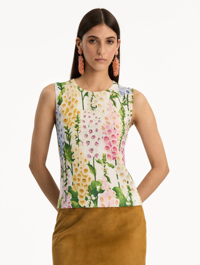 White Foxglove Printed Tank multicolor foxglove motifs in yellow, pink, and green. Front View.