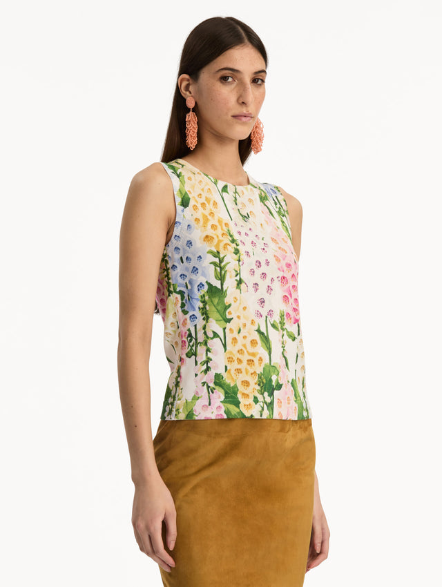White Foxglove Printed Tank multicolor foxglove motifs in yellow, pink, and green. Side View.