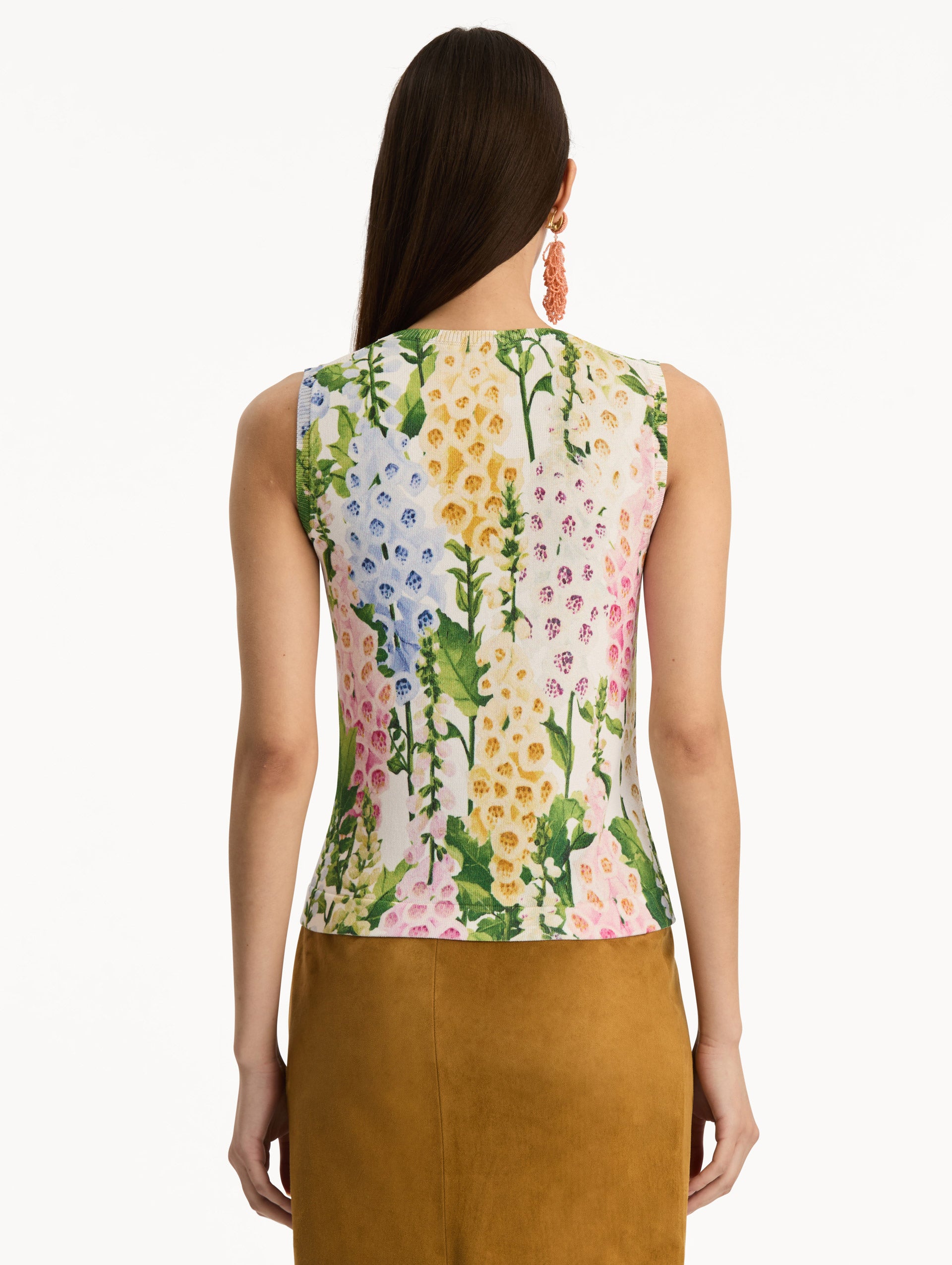 White Foxglove Printed Tank multicolor foxglove motifs in yellow, pink, and green. Back View.