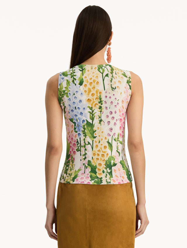 White Foxglove Printed Tank multicolor foxglove motifs in yellow, pink, and green. Back View.