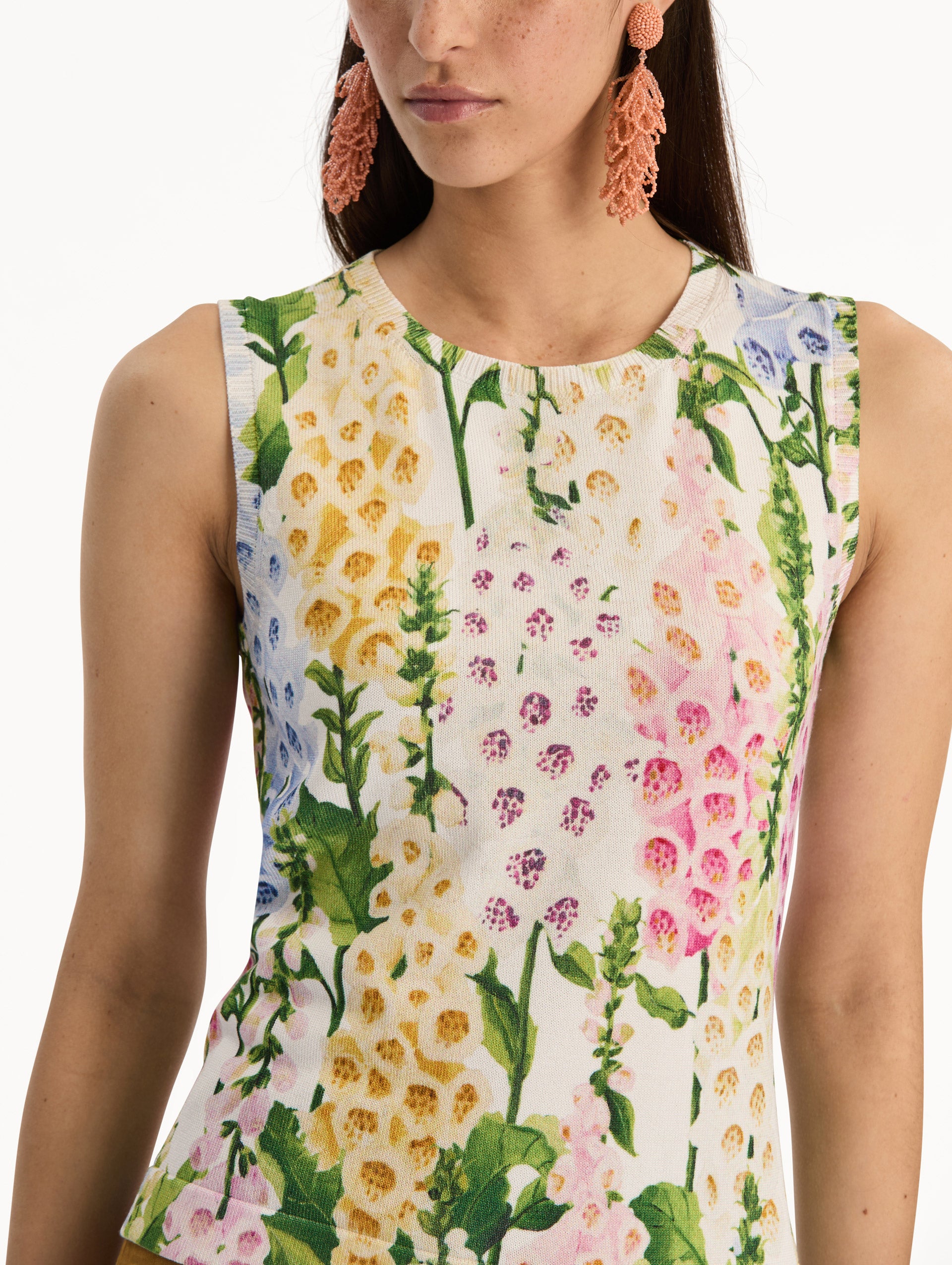 White Foxglove Printed Tank multicolor foxglove motifs in yellow, pink, and green. Zoom View.