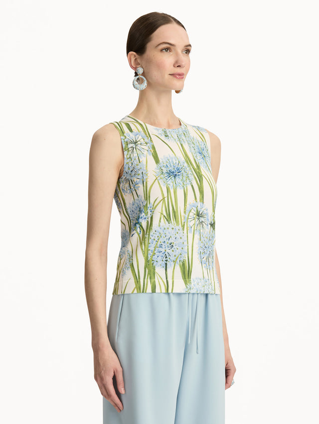 Ivory Allium Printed Tank with knit texture and blue and green floral motifs. Side View.