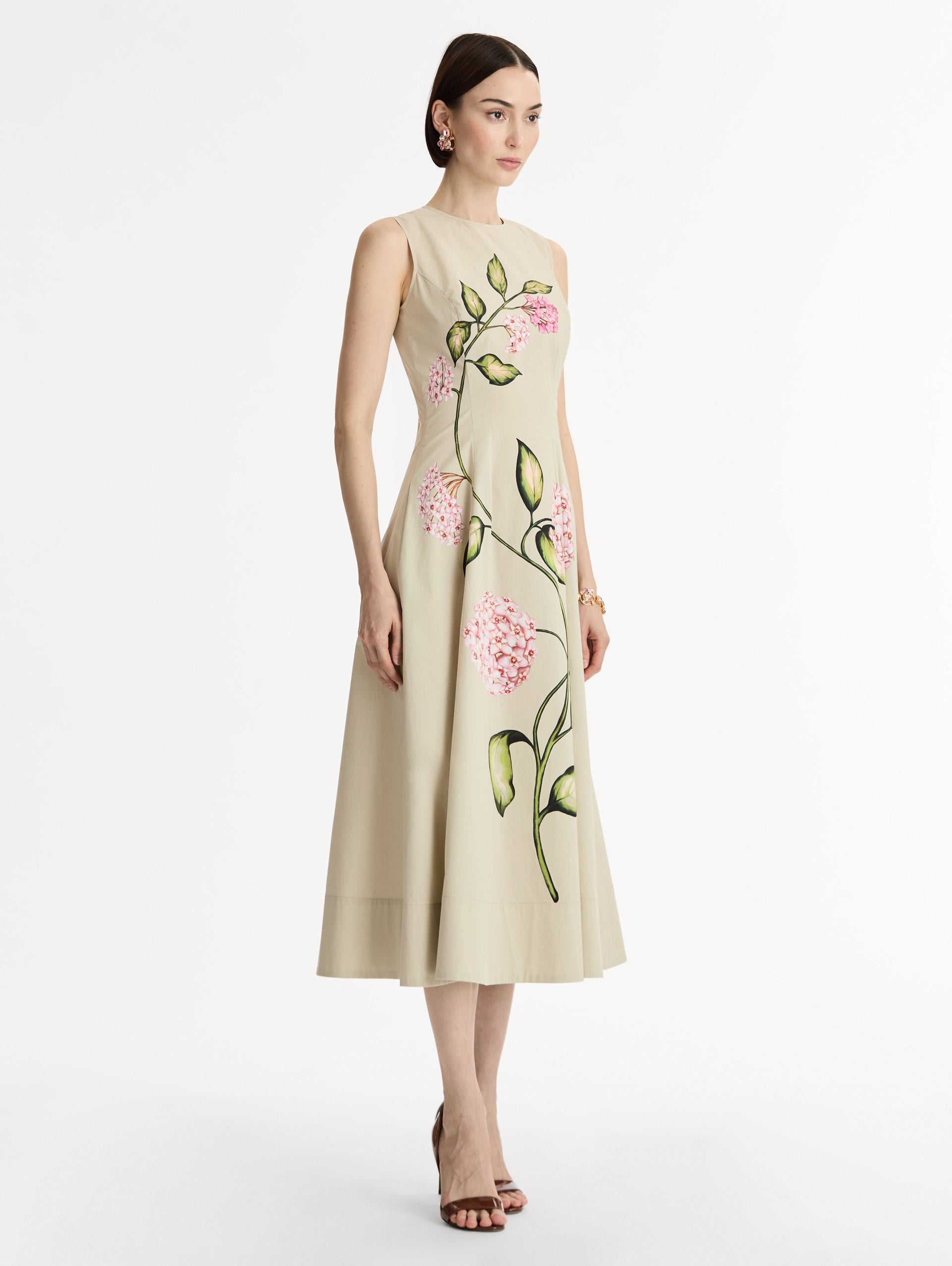 Halter neck, Cotton Poplin Sleeveless Midi Dress with vivid pink floral motif. Side View.
