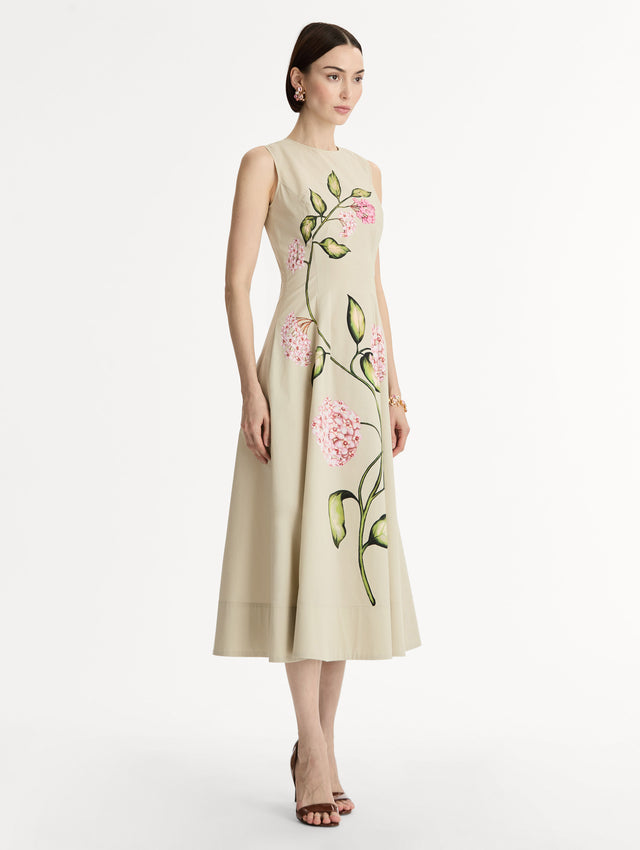 Halter neck, Cotton Poplin Sleeveless Midi Dress with vivid pink floral motif. Side View.