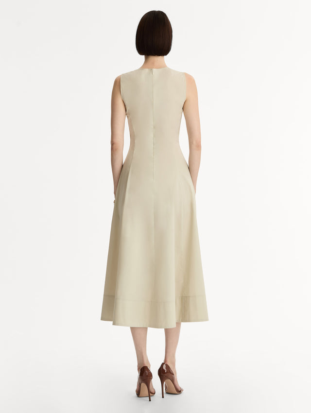 Halter neck, Cotton Poplin Sleeveless Midi Dress with vivid pink floral motif. Back View.