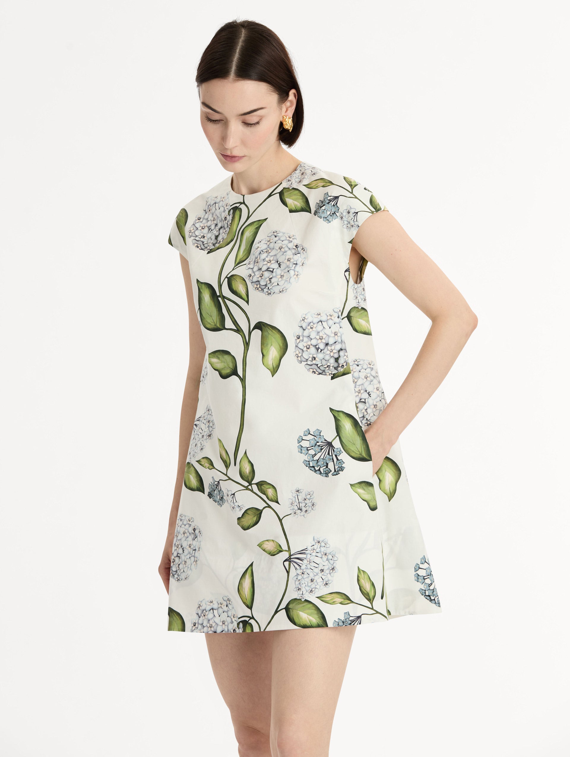 Porcelain Flower Cotton Poplin A-Line Mini Dress. Short Sleeves. Blue and Green Floral Motif. Side View.