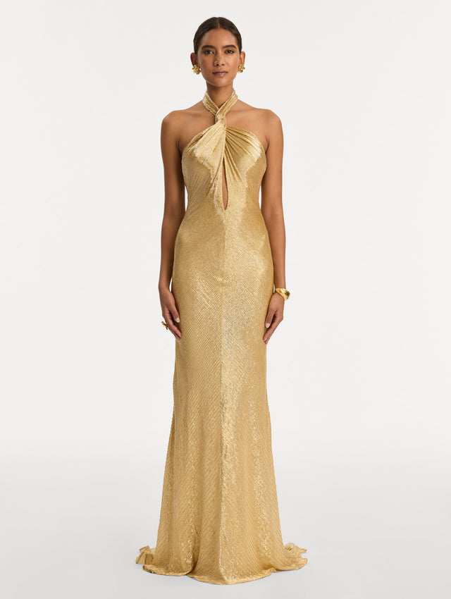 Gold Bugle Bead Lamé Gown with halter neck and key hole. Front View.