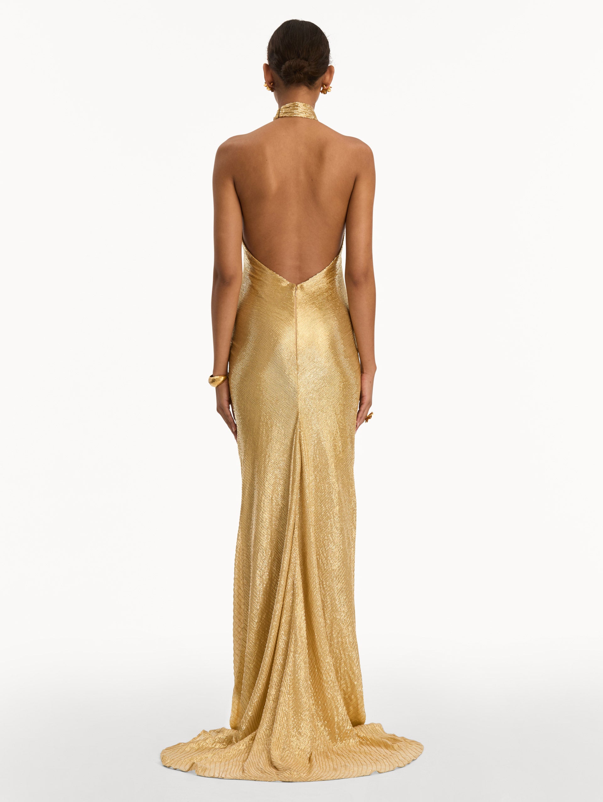 Gold Bugle Bead Lamé Gown with halter neck and key hole. Back View.