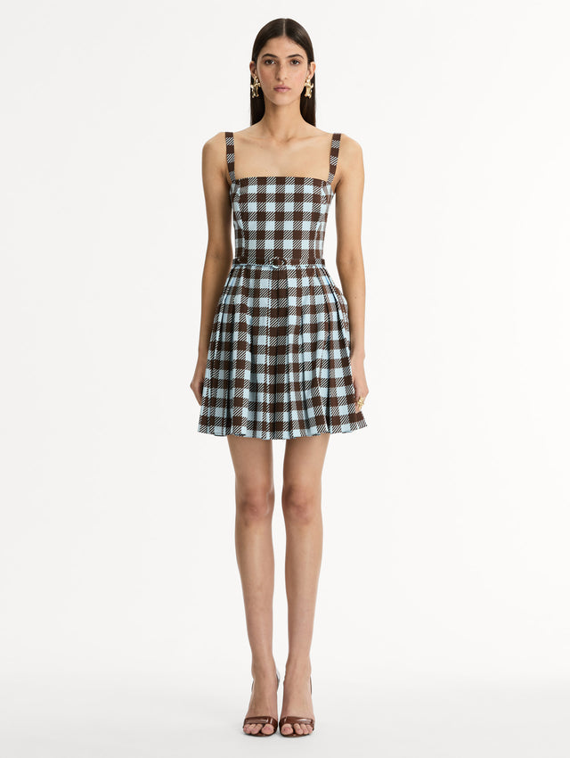 Ice Blue and Mahogany Gingham Cotton Poplin Sleeveless Mini Dress. Front View. 