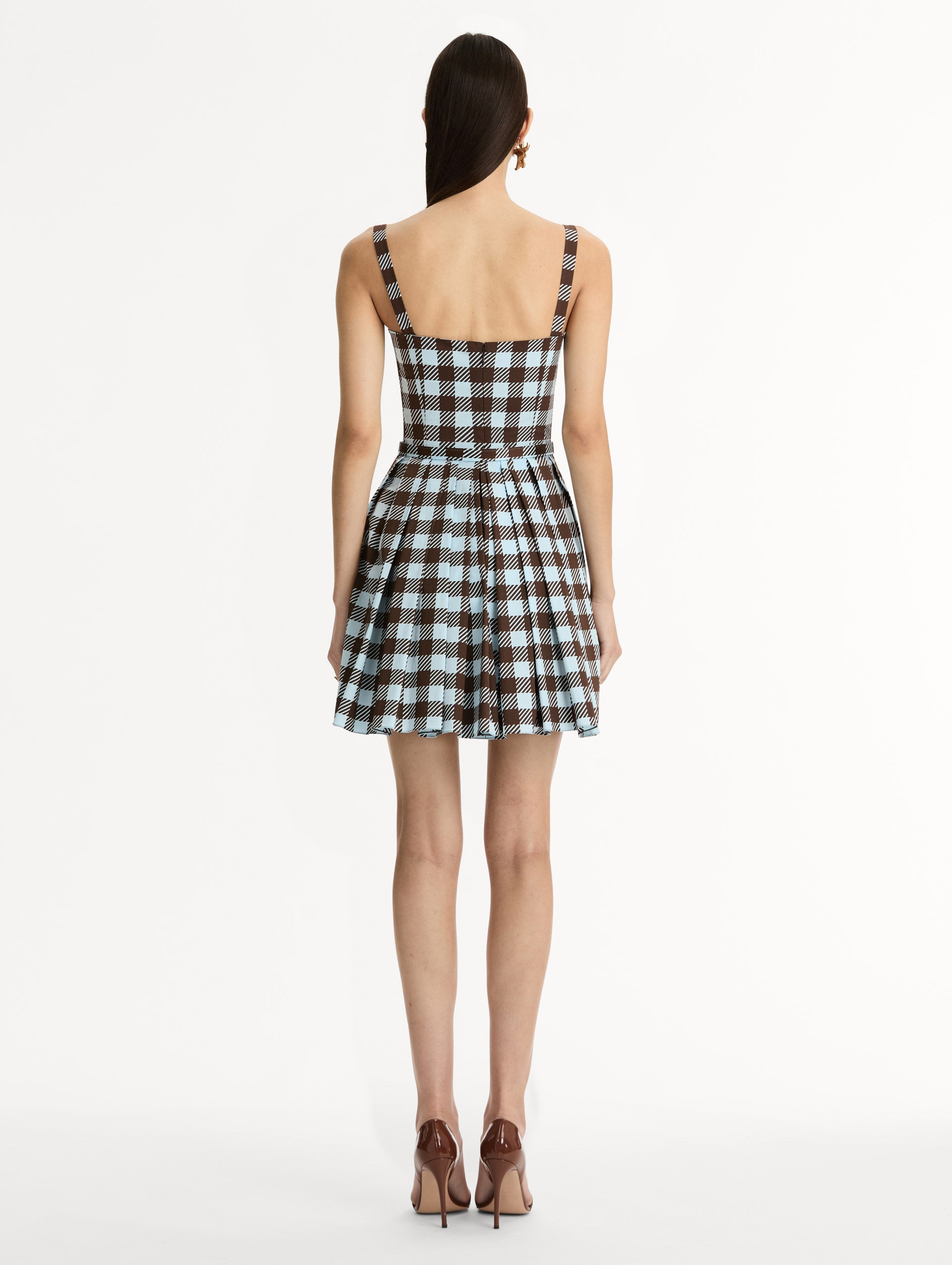 Ice Blue and Mahogany Gingham Cotton Poplin Sleeveless Mini Dress. Back View. 
