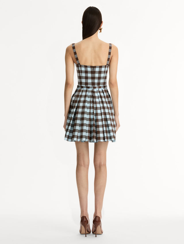 Ice Blue and Mahogany Gingham Cotton Poplin Sleeveless Mini Dress. Back View. 