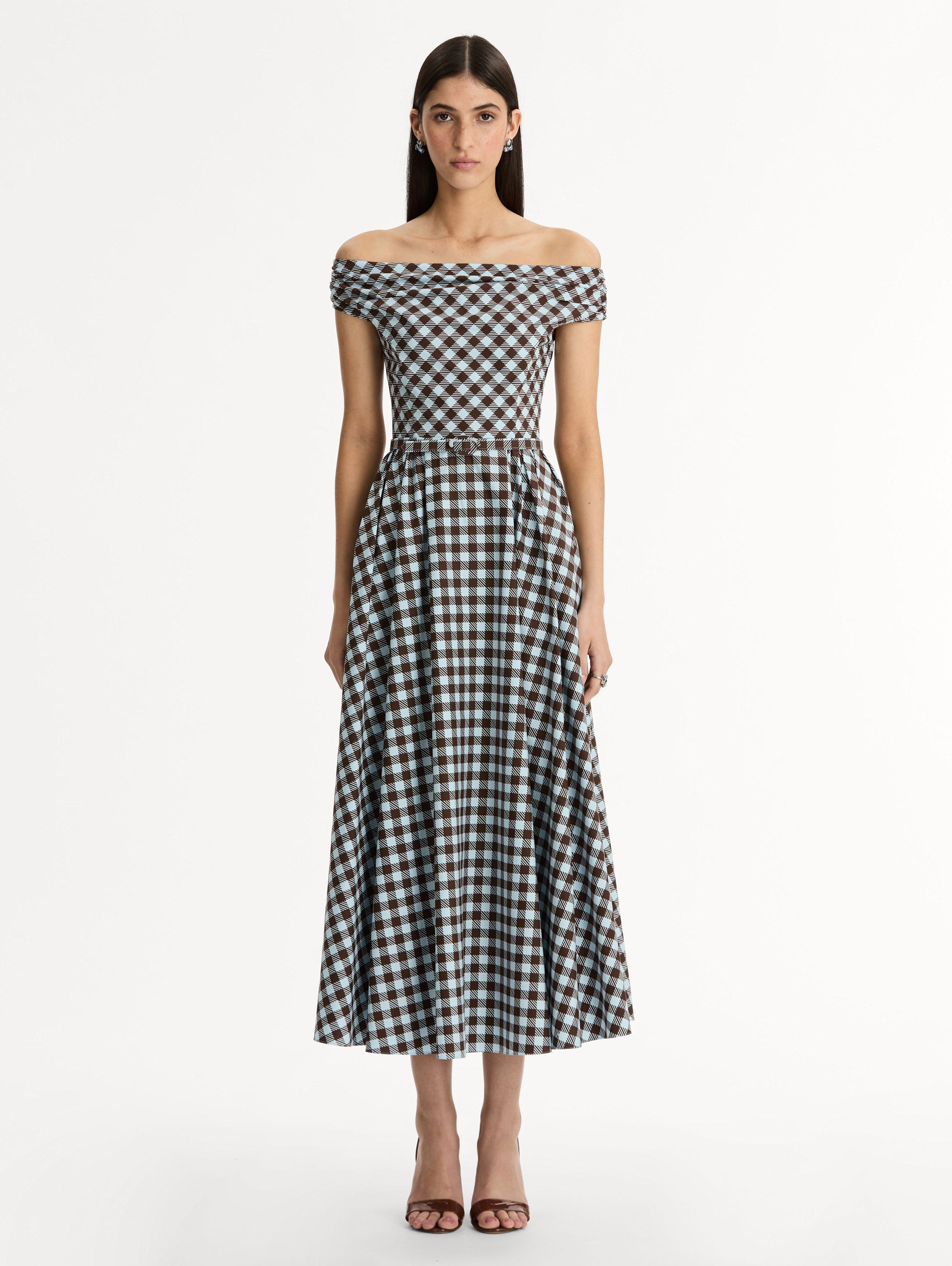 Gingham Cotton Poplin Midi Dress  in ice blue and mahogany. Off-shoulder neckline and pleated skirt. Front View. 