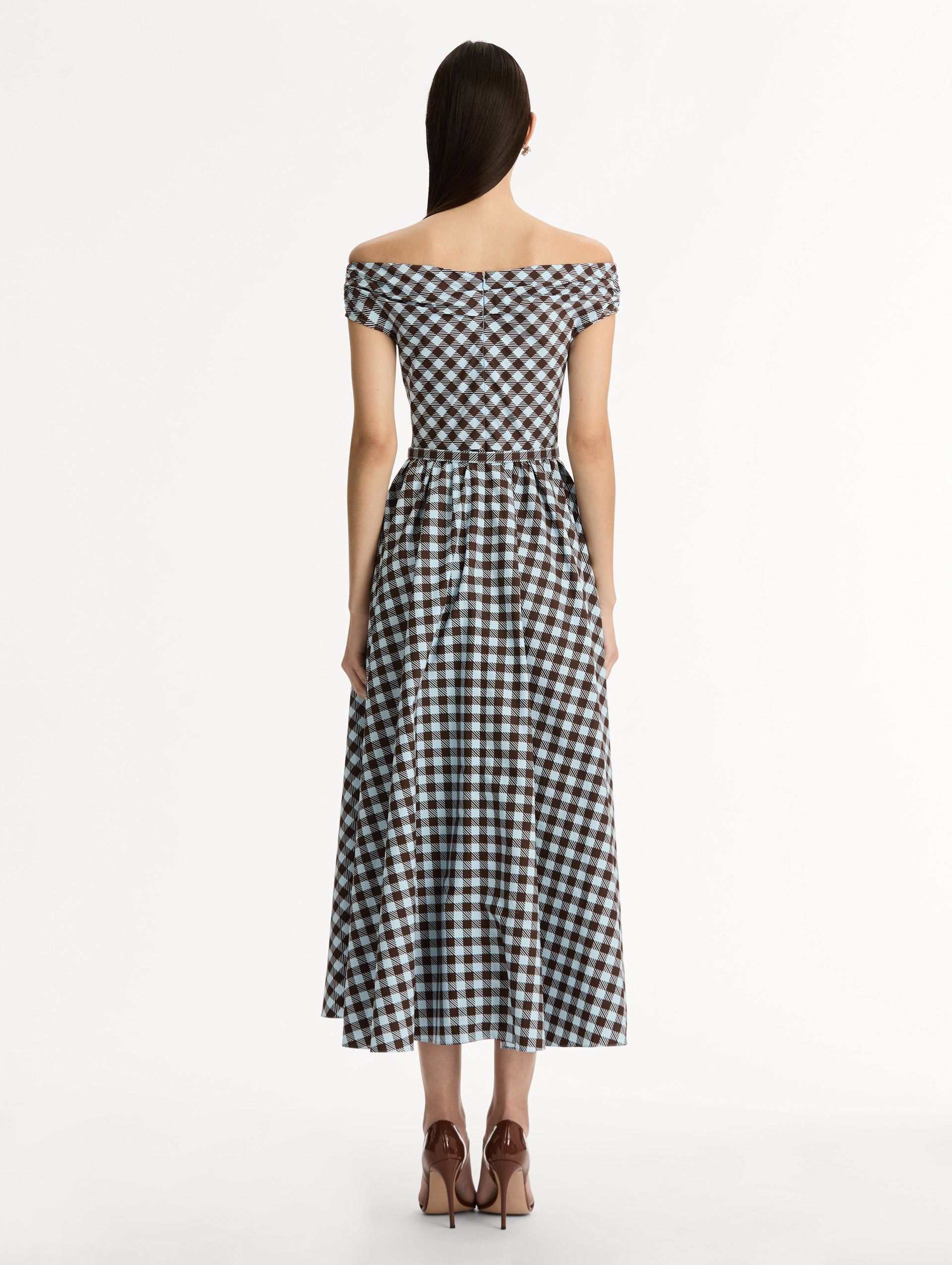 Gingham Cotton Poplin Midi Dress  in ice blue and mahogany. Off-shoulder neckline and pleated skirt. Back View. 