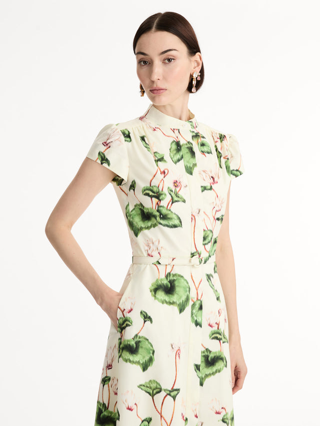 Ivory Chiné Cyclamen Cotton Poplin Cap Sleeve Dress. Side View.