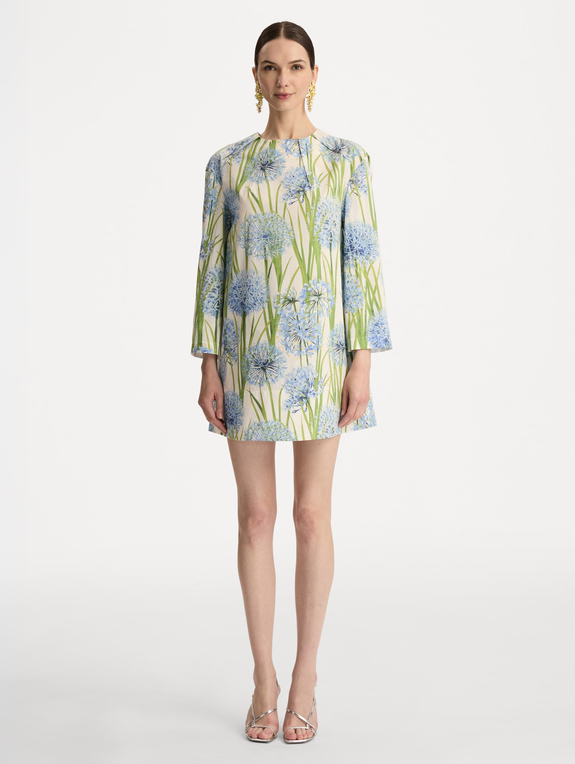 White Allium Cotton Poplin Long Sleeve Shift Dress with blue and green floral motifs. Front View.