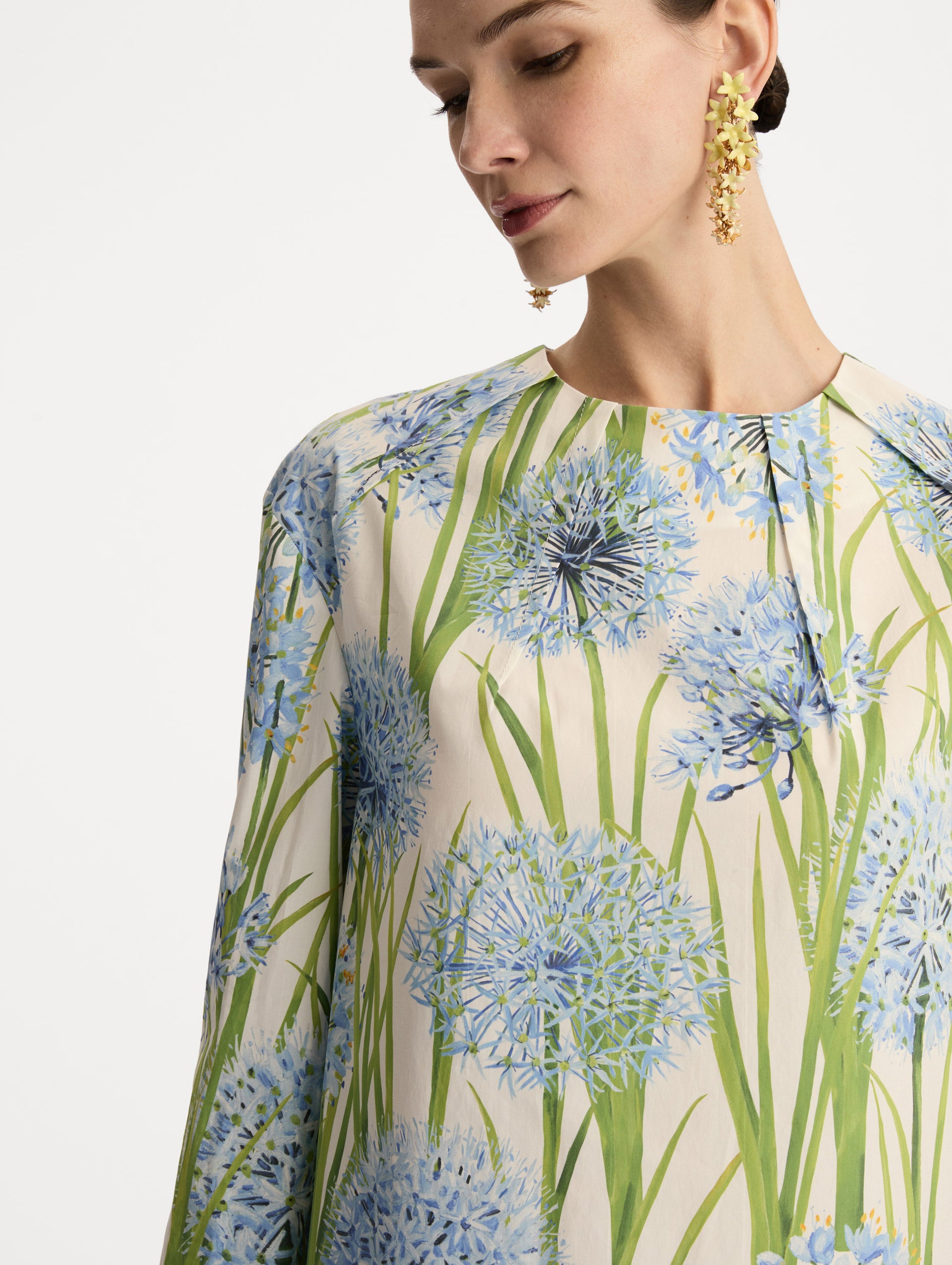 White Allium Cotton Poplin Long Sleeve Shift Dress with blue and green floral motifs. Zoom View.